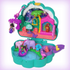 Open Polly Pocket Peacock Garden playset featuring dolls, animals, a peacock boat, and vibrant palace garden scene with night fireworks.