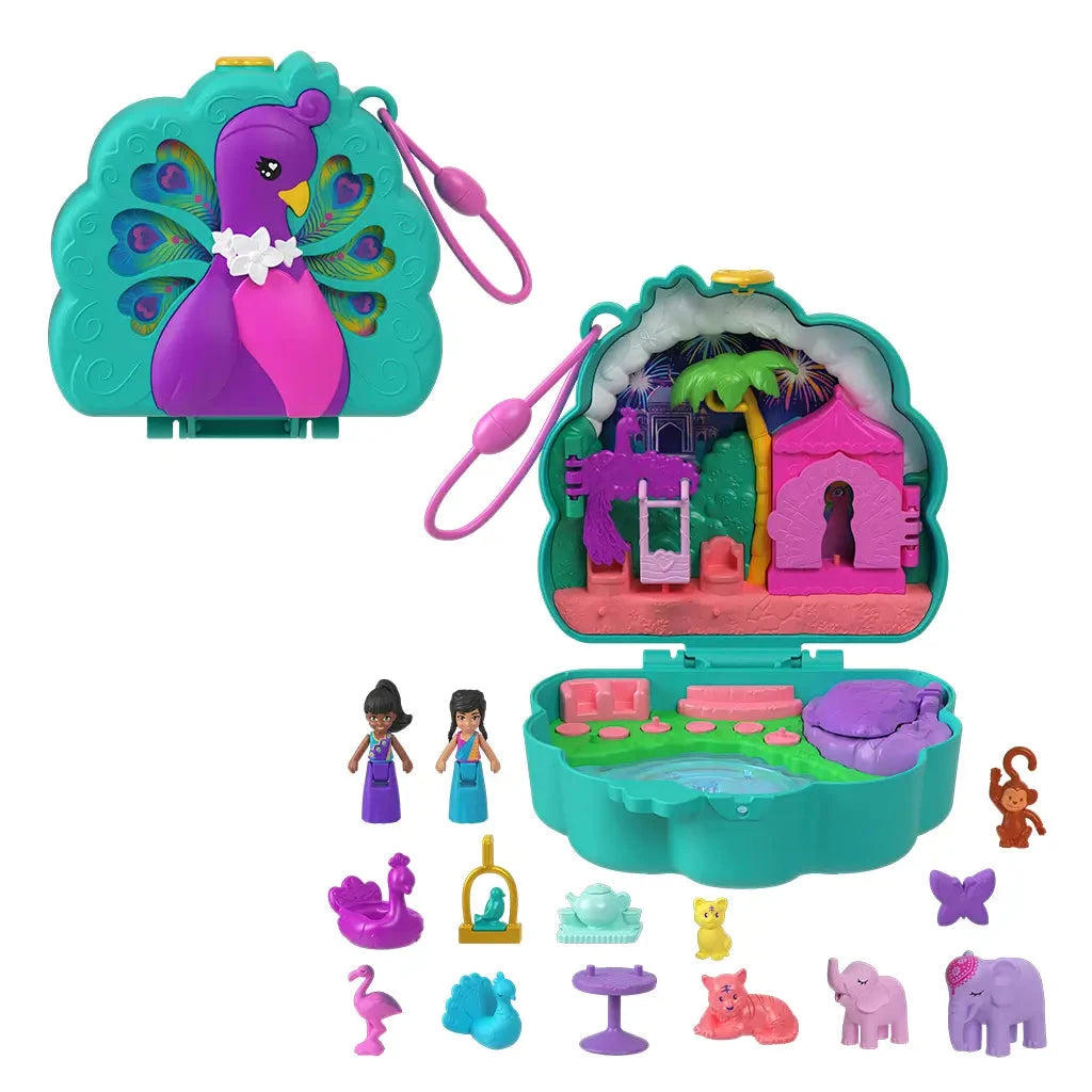 Closed and open views of Polly Pocket Peacock Garden playset with dolls, colorful animals, and miniature accessories arranged in a palace garden.