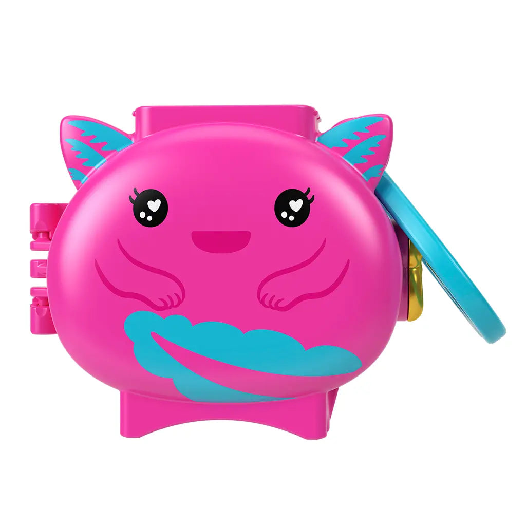 Polly Pocket axolotl locket playset closed shows compact shaped like a pink axolotl with teal fins, smiling face, and attached blue handle for portable play on the go.