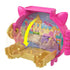 Polly Pocket playset flip feature displays gold castle-shaped furniture folding inside the compact with illustrated underwater castle backdrop and arrow highlighting the transformation motion.