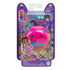 Mattel Polly Pocket Pet Connects axolotl locket playset shown in packaging with pink compact, mini doll, pet figure, and accessories against purple cardboard backing for children ages 4 and up.