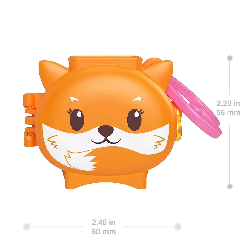 Compact Polly Pocket fox locket playset in orange plastic with fox face design, pink clip handle, and dimensions shown at 2.20 inches tall and 2.40 inches wide for travel play.