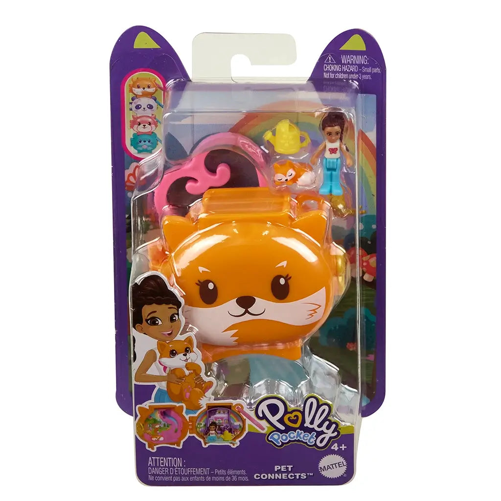 Retail packaging of Polly Pocket Pet Connects fox locket playset by Mattel, showing orange fox-shaped compact with doll, fox figure, watering can accessory, and branded purple display card.
