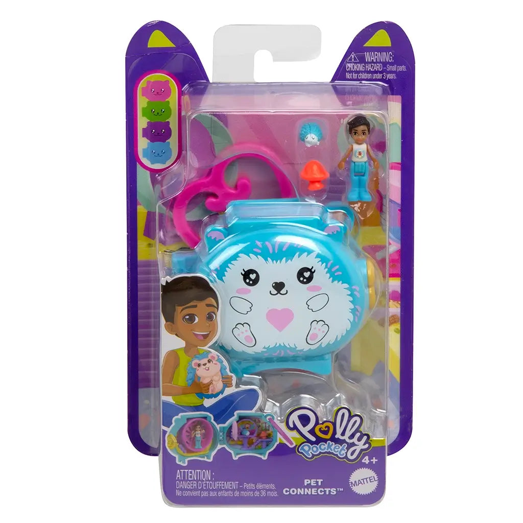 Sealed Polly Pocket Pet Connects hedgehog locket playset in retail packaging, featuring toy case, mini doll, accessories, and hedgehog figure with illustrated branding.