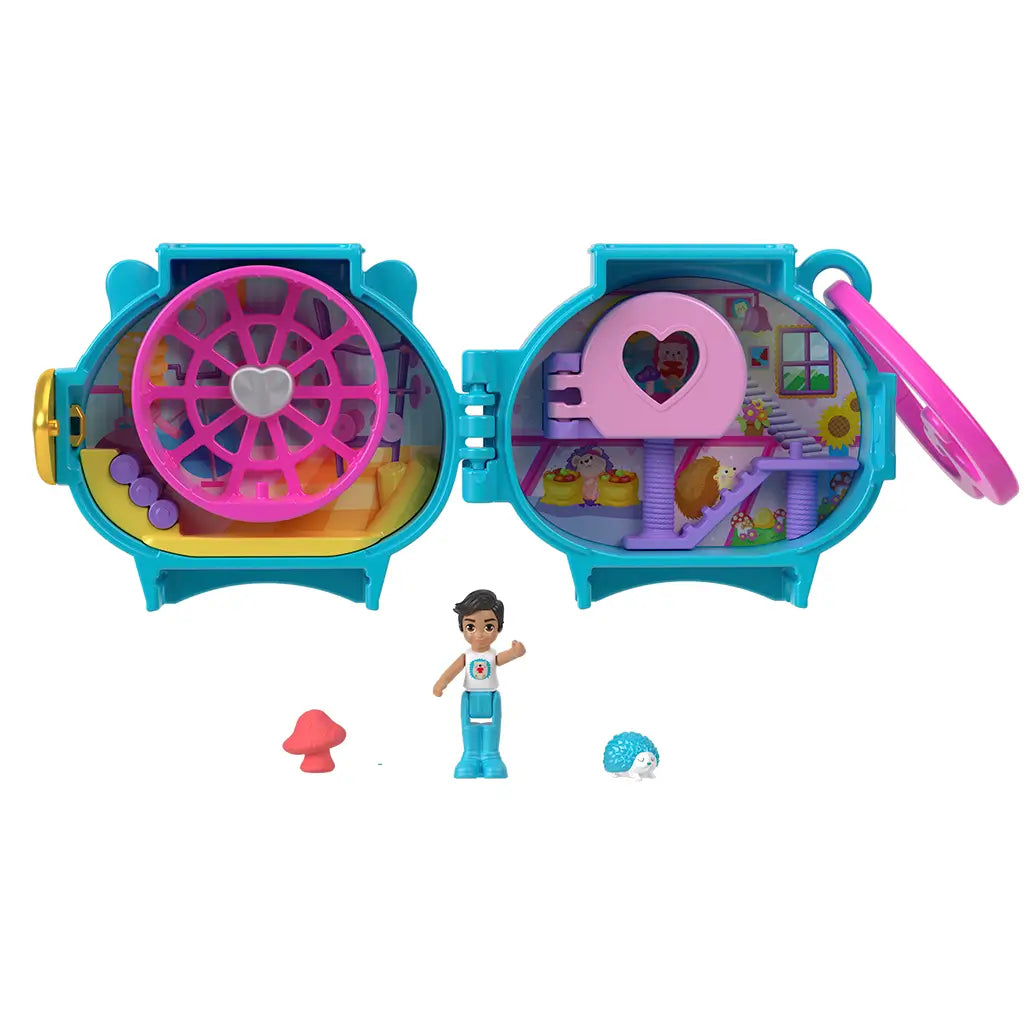 Open Polly Pocket Pet Connects hedgehog locket toy set displaying vibrant dual-sided interior with hamster wheel, pet accessories, mini doll, and hedgehog figure included.