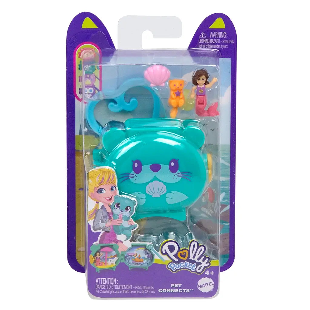 Mattel Polly Pocket Pet Connects Otter Locket playset shown in retail packaging, featuring teal otter-shaped case, mermaid doll, shell accessory, and mini otter figure inside clear box.