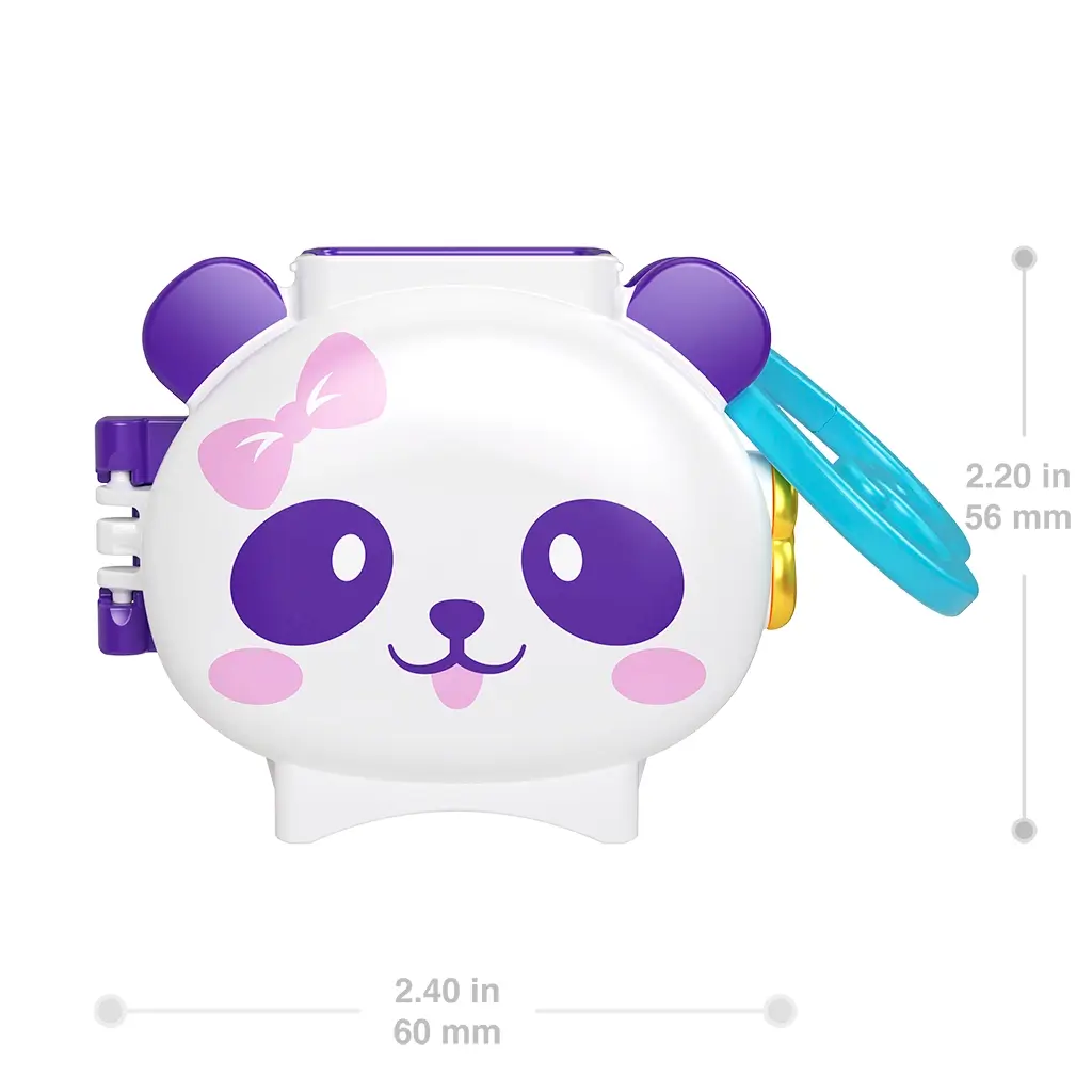 Compact Polly Pocket panda-shaped case in glossy white with purple details, pink bow, and blue clip measures 2.4 inches wide by 2.2 inches tall, designed for portable toy play on-the-go.