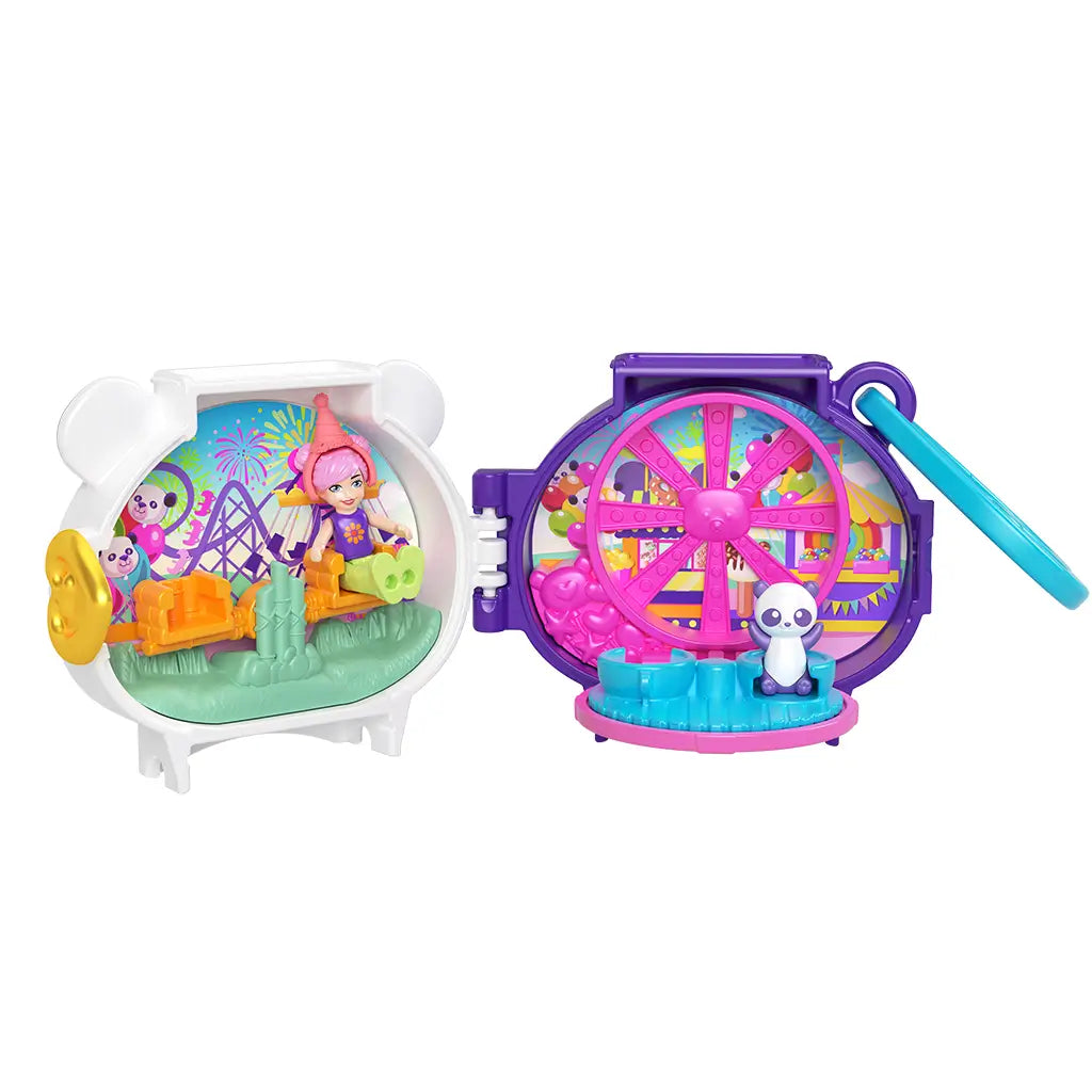 Open Polly Pocket panda locket reveals double-sided amusement park play areas with roller coaster backdrop, Ferris wheel, panda figure, and doll, creating a portable miniature carnival scene.