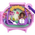 Open Polly Pocket unicorn locket showing mini doll sitting on purple swing under golden flower arch, with fantasy forest background of pink trees, butterflies, and pond.