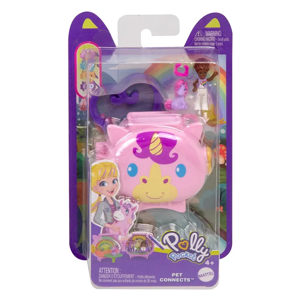 Polly Pocket Pet Connects Unicorn Locket Playset in purple packaging with rainbow graphics, showing a pink unicorn-shaped case, mini doll, and accessories inside.