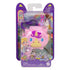 Polly Pocket Pet Connects Unicorn Locket Playset in purple packaging with rainbow graphics, showing a pink unicorn-shaped case, mini doll, and accessories inside.