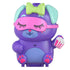 Closed Polly Pocket Sleepover Puppy compact shaped like a purple dog with teal ears, green bow, pink mask, and holding popcorn.