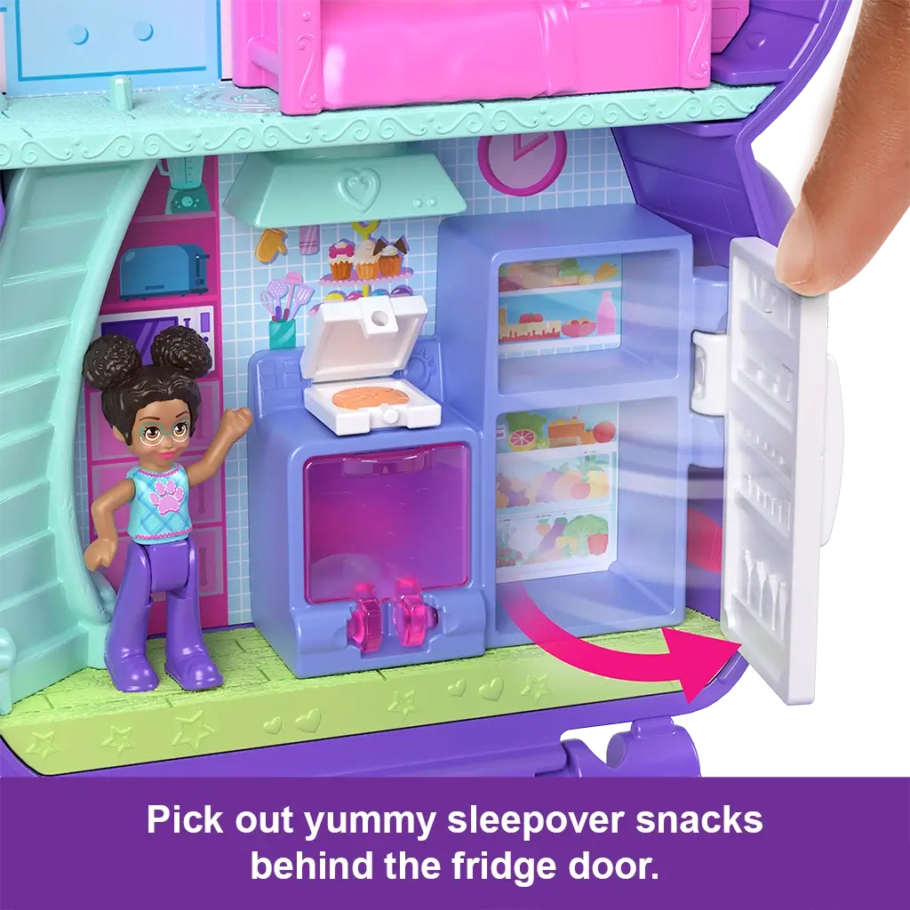 Polly Pocket doll in compact kitchen with interactive fridge door opening to reveal colorful snack graphics and shelves inside.