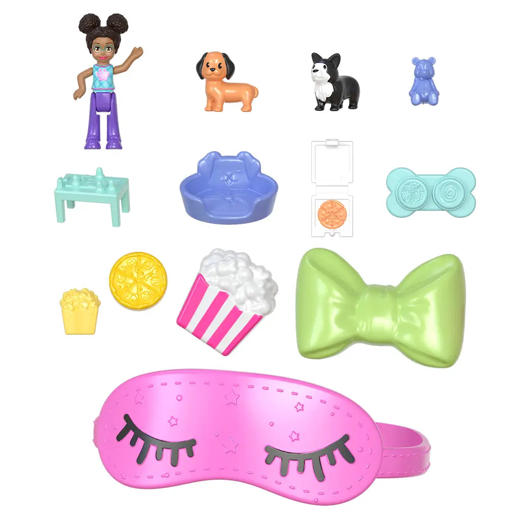 Colorful Polly Pocket Sleepover Puppy playset accessories including dolls, toy dogs, popcorn, pizza, bow, and furniture pieces arranged on a white background.