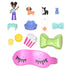 Colorful Polly Pocket Sleepover Puppy playset accessories including dolls, toy dogs, popcorn, pizza, bow, and furniture pieces arranged on a white background.