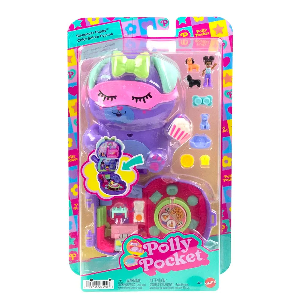 Front packaging of Polly Pocket Sleepover Puppy compact playset featuring purple puppy-shaped case, dolls, accessories, and colorful branding.