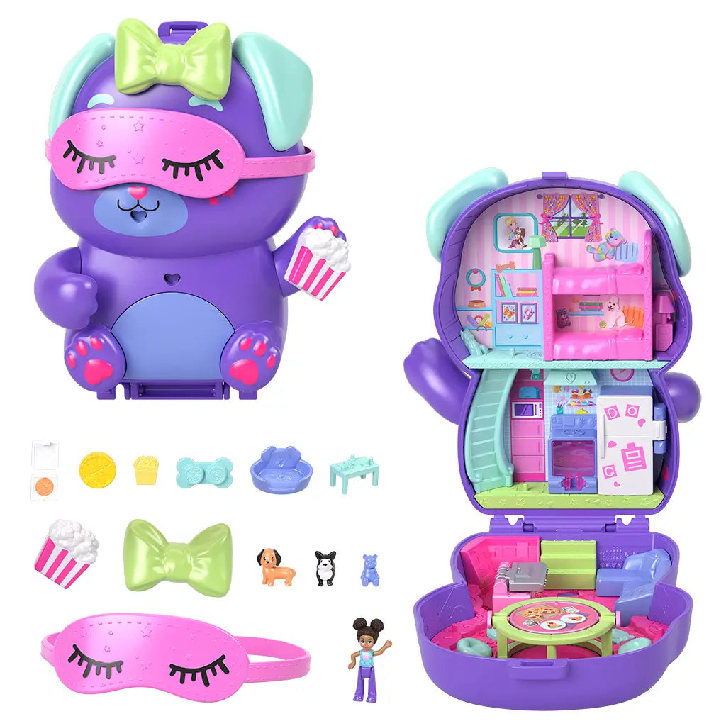 Polly Pocket Sleepover Puppy compact set in purple dog design with bow and sleep mask, shown open to reveal multi-room dollhouse and accessories.