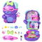 Polly Pocket Sleepover Puppy compact set in purple dog design with bow and sleep mask, shown open to reveal multi-room dollhouse and accessories.
