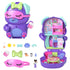 Polly Pocket Sleepover Puppy compact set in purple dog design with bow and sleep mask, shown open to reveal multi-room dollhouse and accessories.