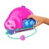 Hand holding Polly Pocket Sloth Family compact toy shows a bright pink sloth-shaped case with smaller blue sloth accessory inside, designed as a portable miniature playset purse.