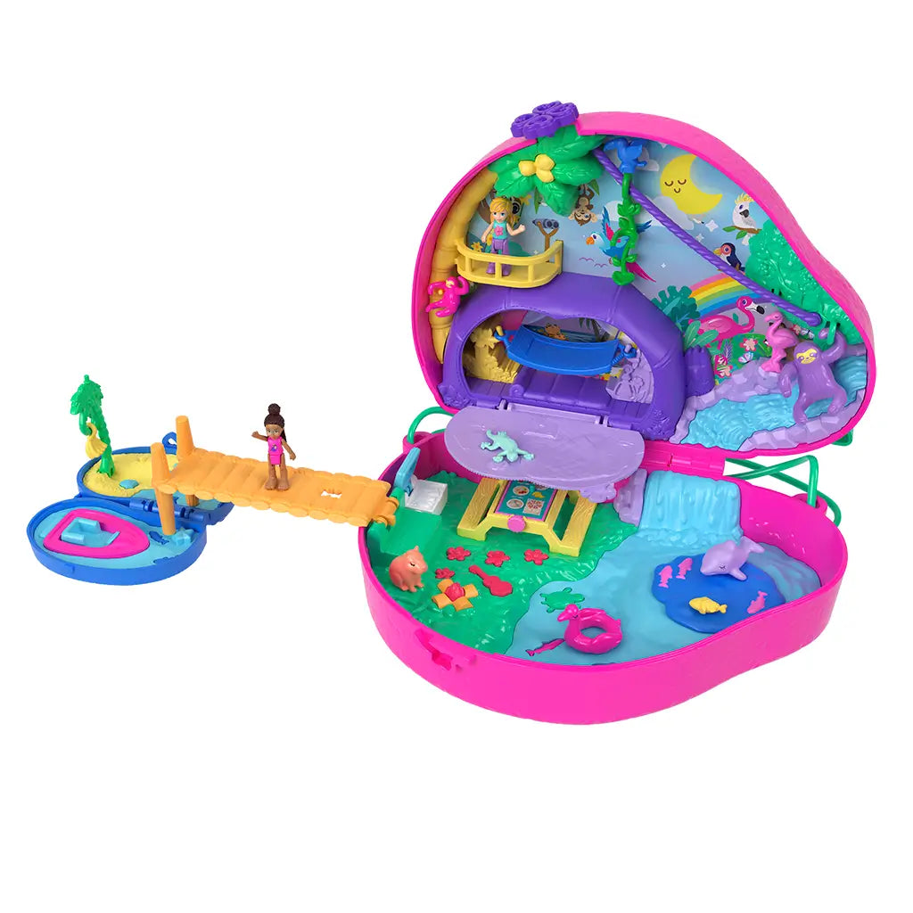 Polly Pocket Sloth Family 2-in-1 Compact Playset opens into a vibrant jungle scene with pink case, bridge, small dolls, and animal figures, designed for imaginative portable play.