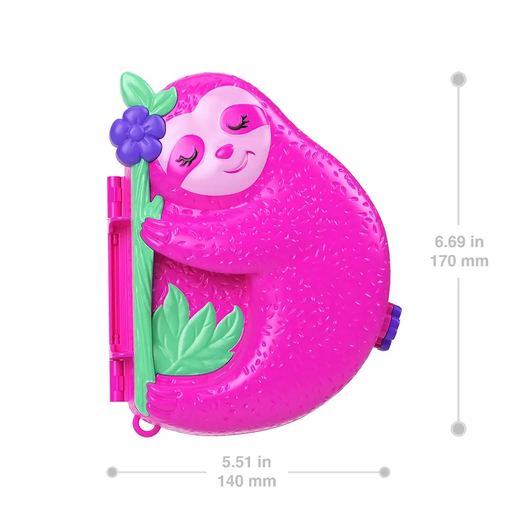 Closed Polly Pocket Sloth Family compact purse shaped like a pink sloth hugging a flower, shown with size dimensions of 6.69 inches tall and 5.51 inches wide for portability.