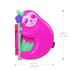 Closed Polly Pocket Sloth Family compact purse shaped like a pink sloth hugging a flower, shown with size dimensions of 6.69 inches tall and 5.51 inches wide for portability.