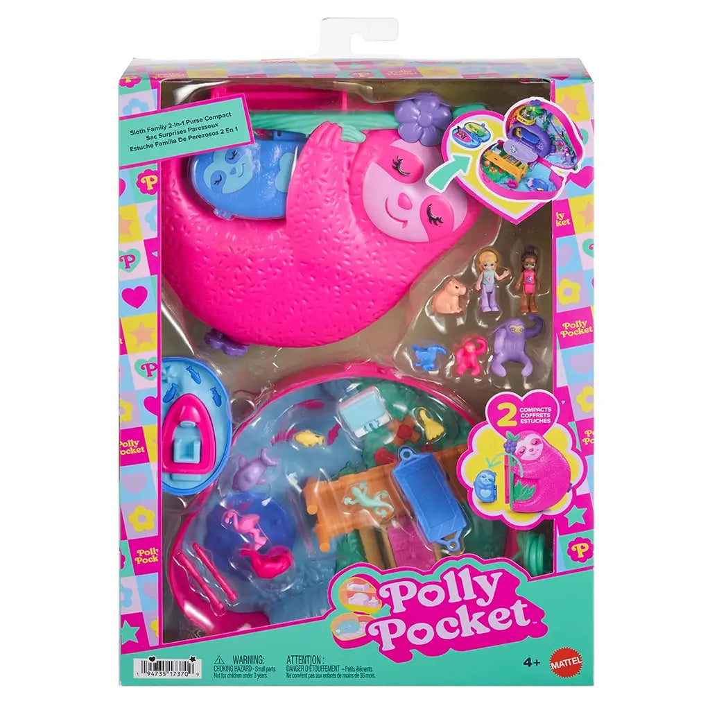 Retail package of Polly Pocket Sloth Family 2-in-1 compact purse playset shows pink sloth-shaped case, dolls, animals, and accessories in colorful branded Mattel packaging.