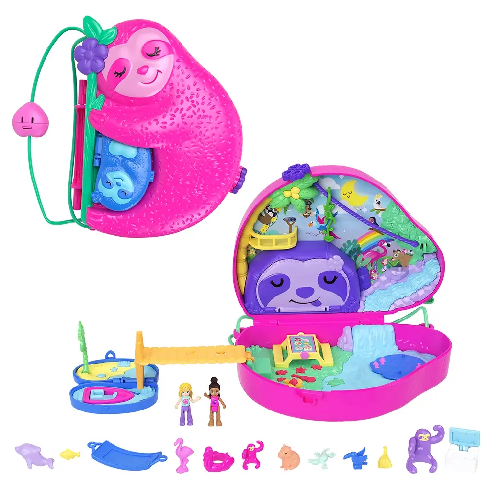 Polly Pocket Sloth Family 2-in-1 compact set displayed open and closed, featuring pink sloth purse case, small blue compact, dolls, bridge, and miniature animal accessories.