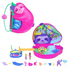 Polly Pocket Sloth Family 2-in-1 compact set displayed open and closed, featuring pink sloth purse case, small blue compact, dolls, bridge, and miniature animal accessories.