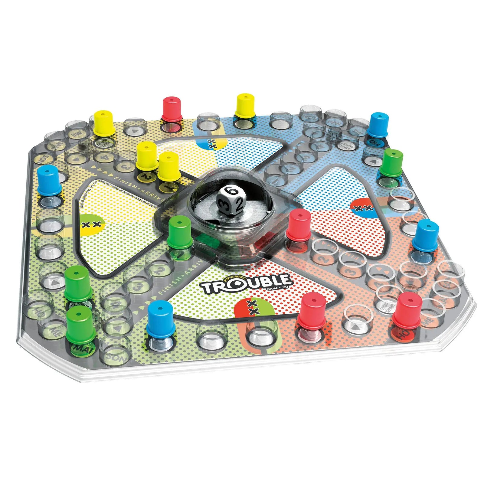 Pop-O-Matic Trouble board game featuring a clear plastic dome, smooth molded surface, and hexagonal layout with red, blue, yellow, and green pegs used to pop dice and race pieces around colored tracks on a tabletop.