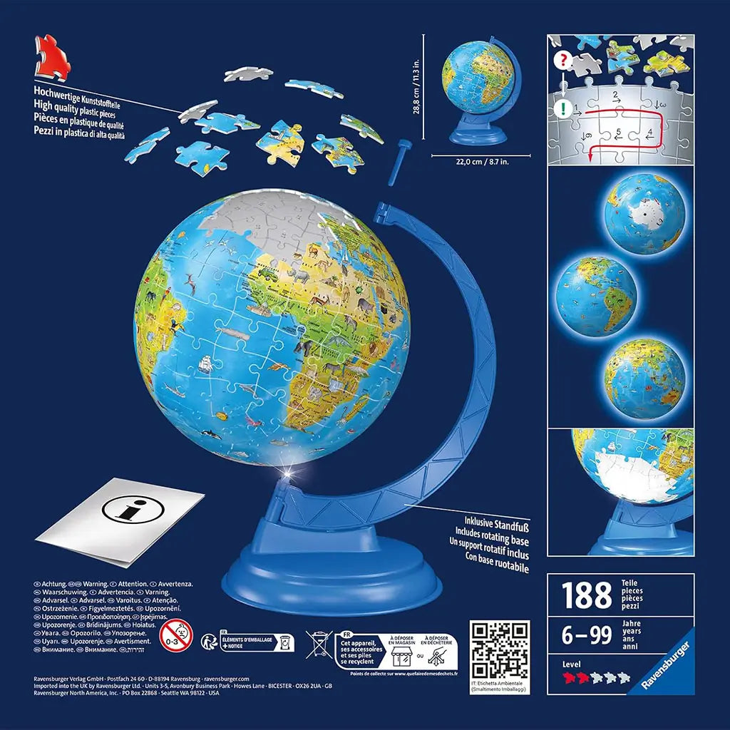 Back of Ravensburger 3D Children’s Globe Night Edition box showing 188 sturdy puzzle pieces, rotating blue stand, numbered assembly guide, and glowing LED-lit globe.