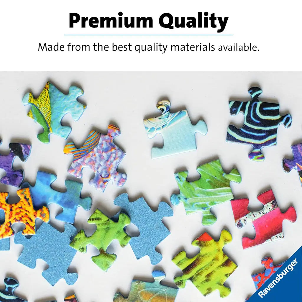 Assorted Ravensburger puzzle pieces in bright colors scattered on white background, emphasizing premium-quality materials for sturdy fit and clear illustrated details.