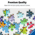 Assorted Ravensburger puzzle pieces in bright colors scattered on white background, emphasizing premium-quality materials for sturdy fit and clear illustrated details.