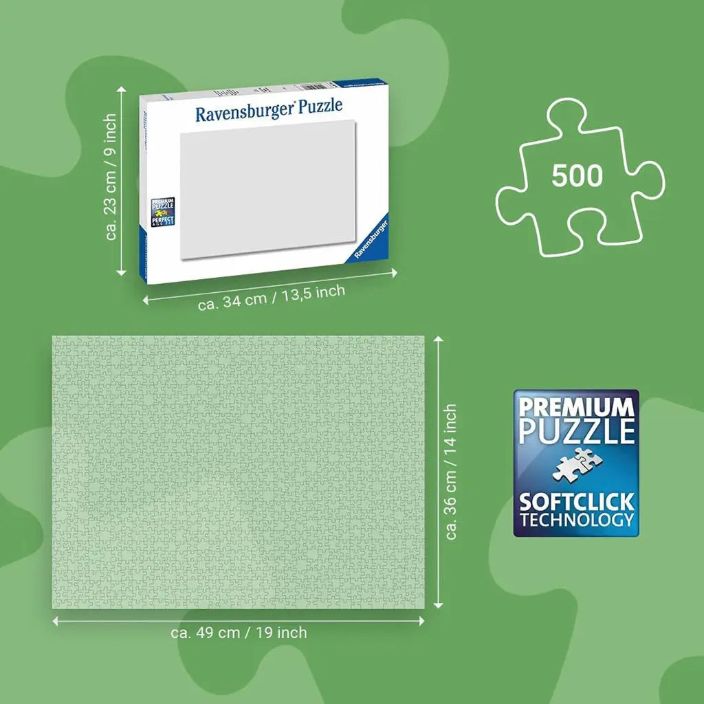 Ravensburger 500-piece puzzle dimension chart shows a finished size of 19 x 14 inches and box size of 13.5 x 9 inches, with premium Softclick technology icon included.