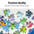 Close-up of colorful Ravensburger puzzle pieces highlights premium cut quality, vibrant prints, and durable interlocking design on a white background with quality branding.