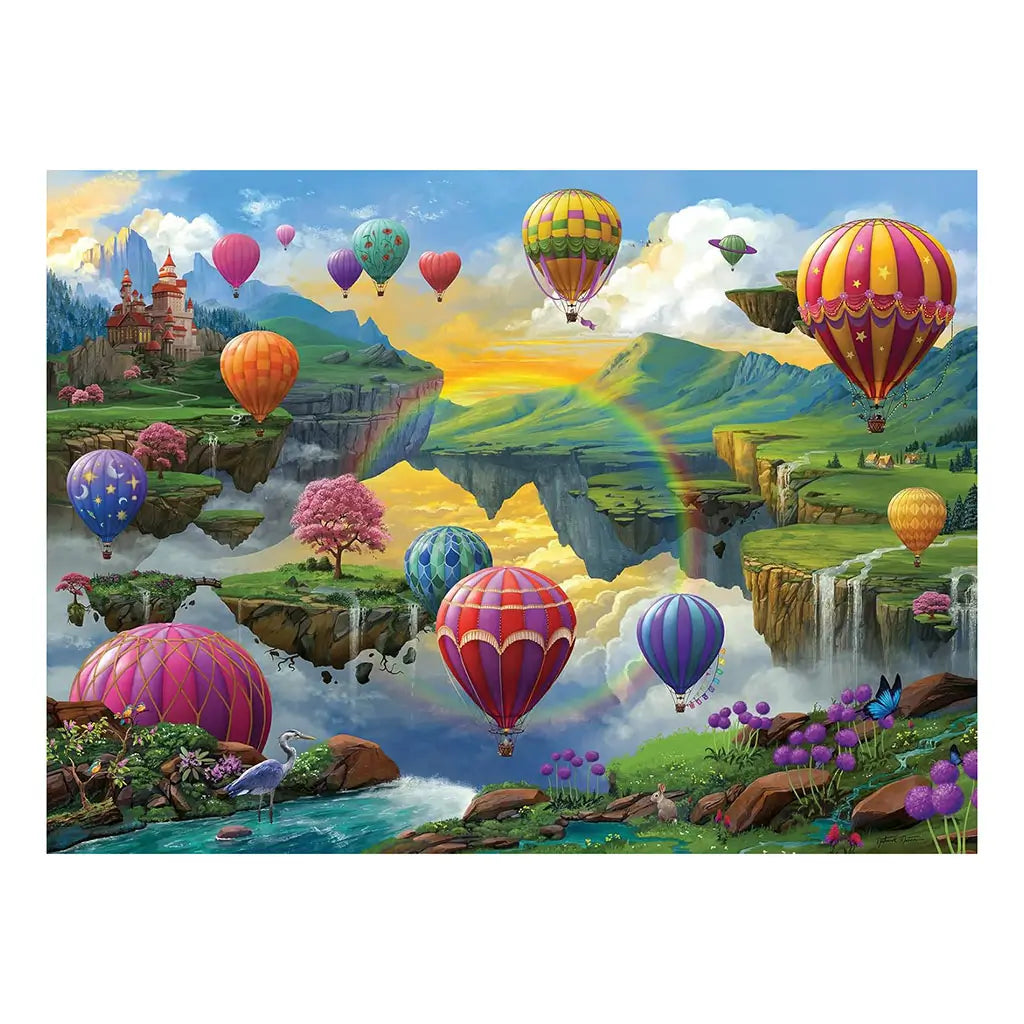 Fantasy puzzle artwork shows vibrant hot air balloons floating over green valleys, waterfalls, and castles with rainbows, pink trees, and a river with wildlife in the foreground.