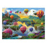 Fantasy puzzle artwork shows vibrant hot air balloons floating over green valleys, waterfalls, and castles with rainbows, pink trees, and a river with wildlife in the foreground.