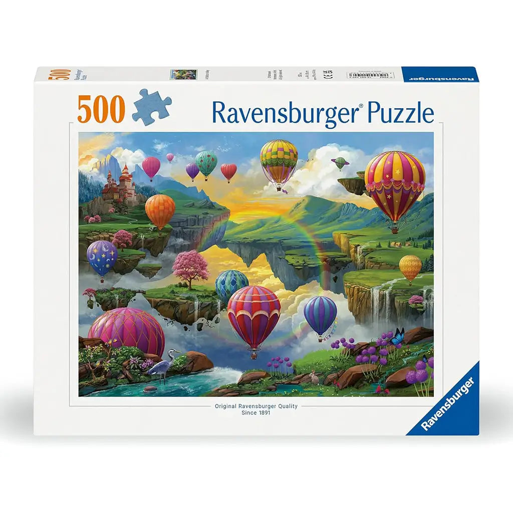 Ravensburger Air Balloon Valley 500-piece puzzle box features a colorful fantasy scene with hot air balloons above floating islands, waterfalls, castles, and a glowing rainbow.