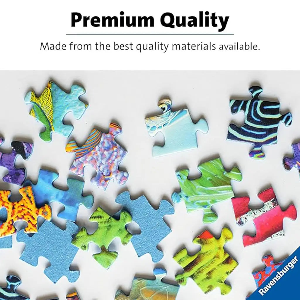Close-up view of Ravensburger premium puzzle pieces in vivid colors and unique shapes, showcasing thick, durable cardboard and precision cutting for a perfect interlocking fit.