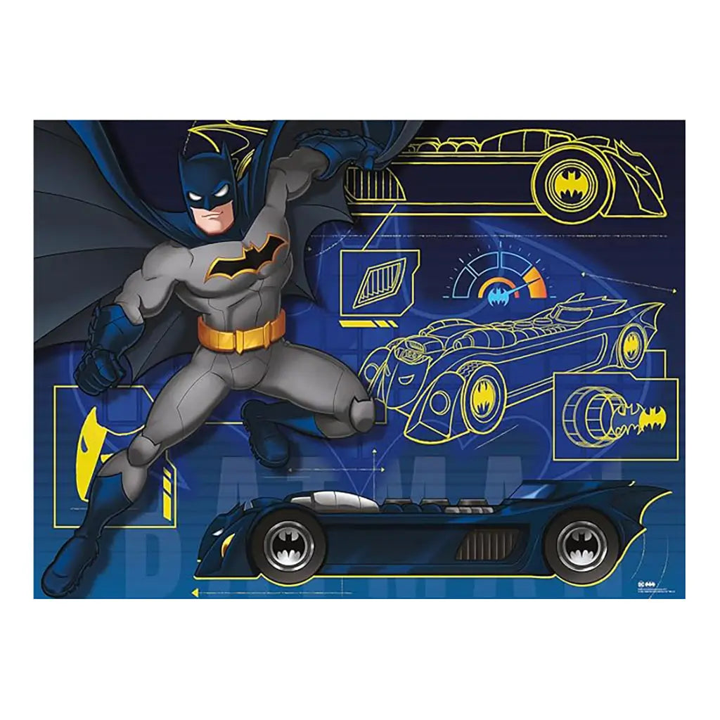 Completed Ravensburger Batman puzzle design showing Batman in action with detailed blueprints of the Batmobile, bold outlines, and striking yellow highlights against a deep blue background.