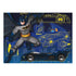 Completed Ravensburger Batman puzzle design showing Batman in action with detailed blueprints of the Batmobile, bold outlines, and striking yellow highlights against a deep blue background.