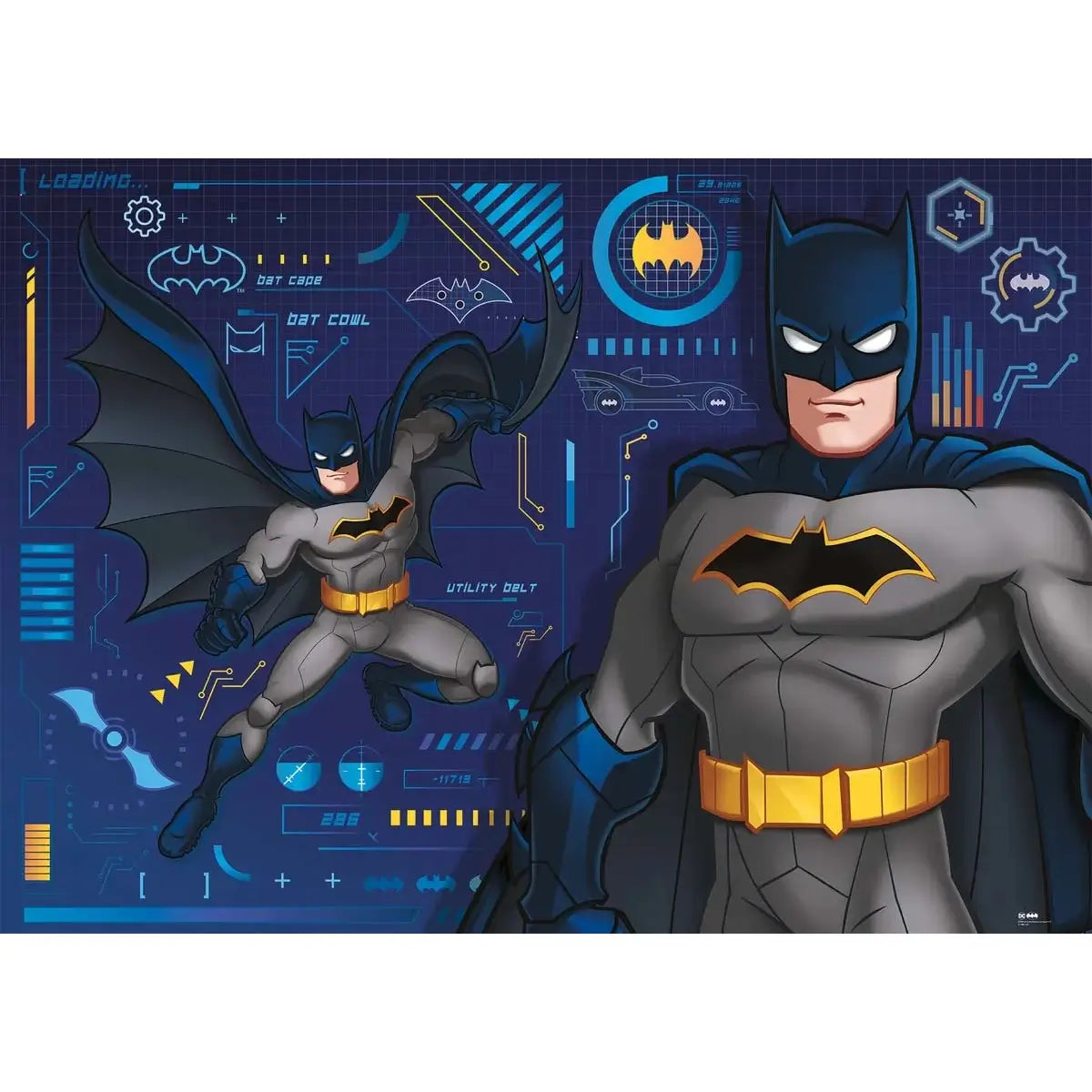 DC Batman puzzle illustration featuring Batman in grey suit with yellow utility belt, dynamic cape action, and tech blueprint background with Batmobile and Bat-symbol graphics.