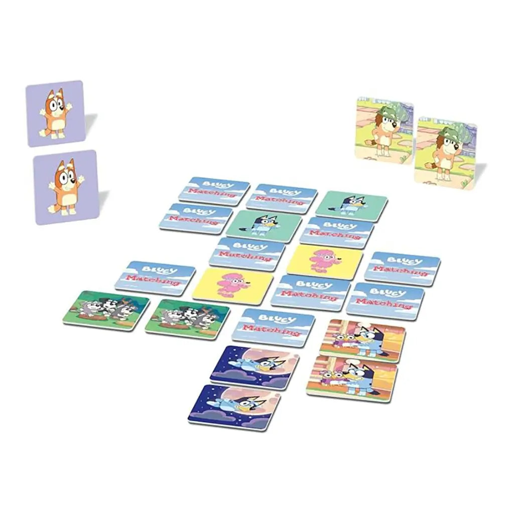Bluey Matching Game cards spread out in grid with pairs flipped to show Bluey, Bingo, Coco, and friends, featuring colorful backgrounds like night sky, playground, and grassy fields.
