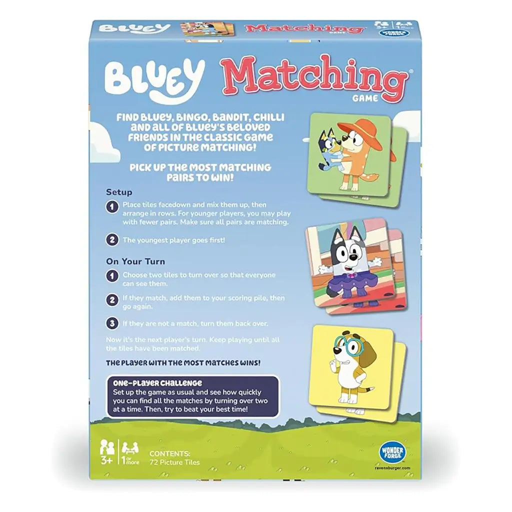Bluey Matching Game box back with light blue sky design, showing setup instructions, gameplay steps, and character tiles including Bluey, Chilli, Bandit, and Bingo in colorful illustrations.