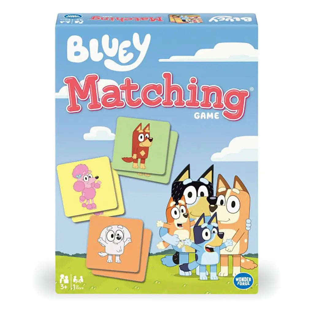 Front of Bluey Matching Game box by Wonder Forge with Bluey, Bingo, Bandit, and Chilli artwork on grassy background, plus character tiles including Rusty, Coco, and other friends in bright colors.