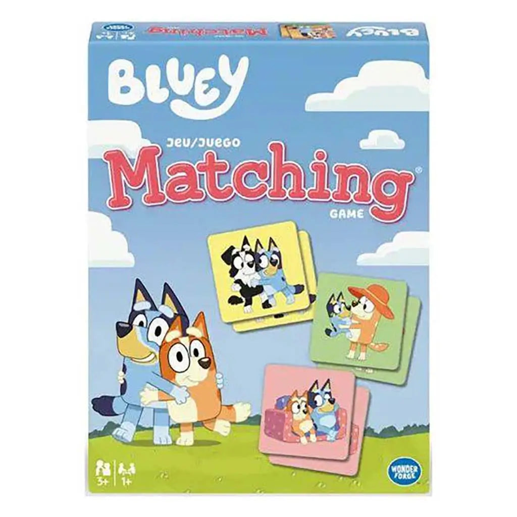 Bluey matching game box shows colorful cardboard rectangular packaging featuring smooth printed illustrations of Bluey characters promoting a kids memory game against a sky-and-grass background.