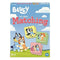 Bluey matching game box shows colorful cardboard rectangular packaging featuring smooth printed illustrations of Bluey characters promoting a kids memory game against a sky-and-grass background.