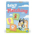 Front of Bluey Matching Game box by Wonder Forge with Bluey, Bingo, Bandit, and Chilli artwork on grassy background, plus character tiles including Rusty, Coco, and other friends in bright colors.