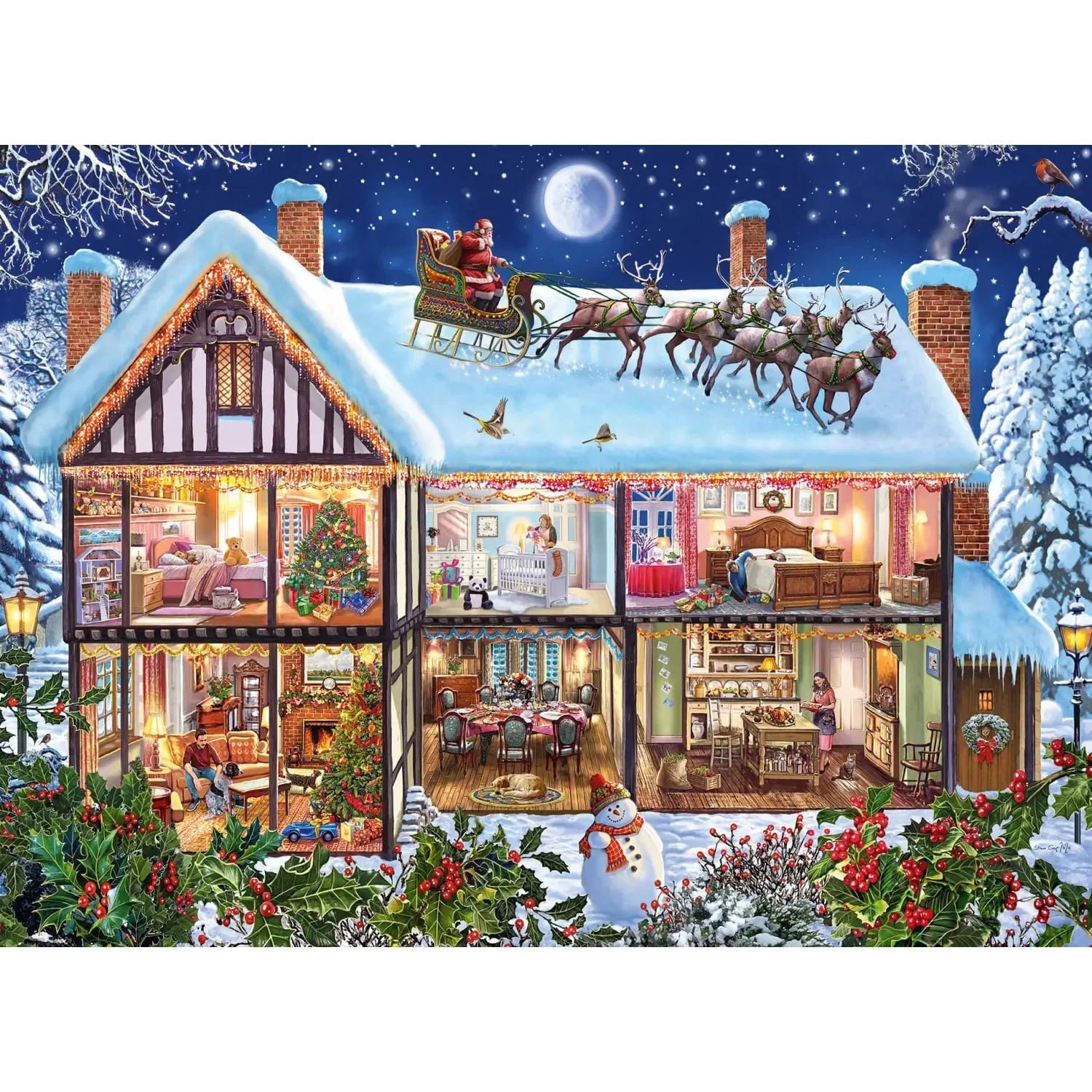 Festive winter scene puzzle showing a snow-covered house decorated for Christmas, with Santa and reindeer on the roof and cozy indoor holiday activities.